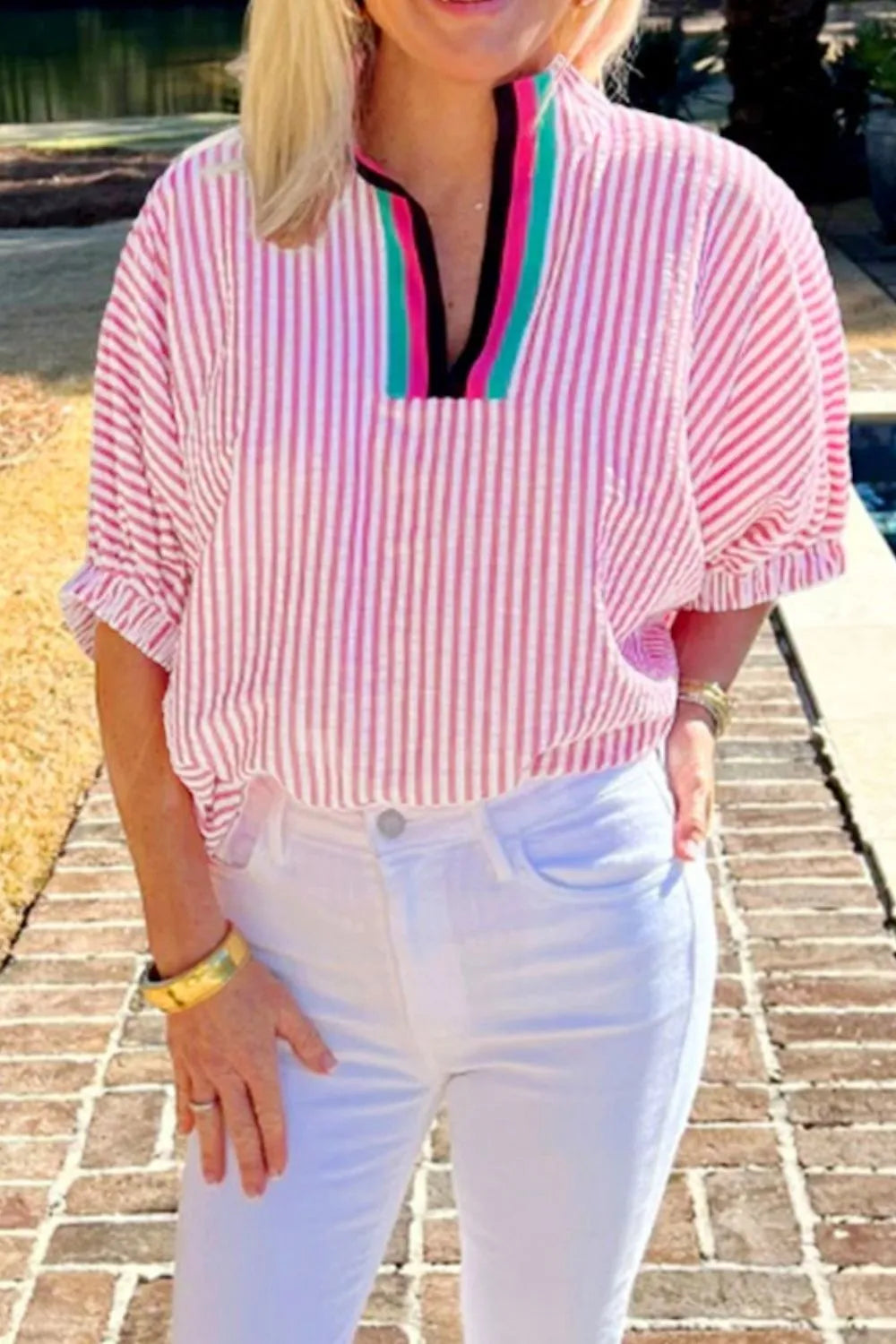 Women's Blouse Striped Print Contrast Split Neck Dolman Short Sleeve 9a675f5f-ed11-4303-848d-b065aac28196-Max-Origin Trendsi