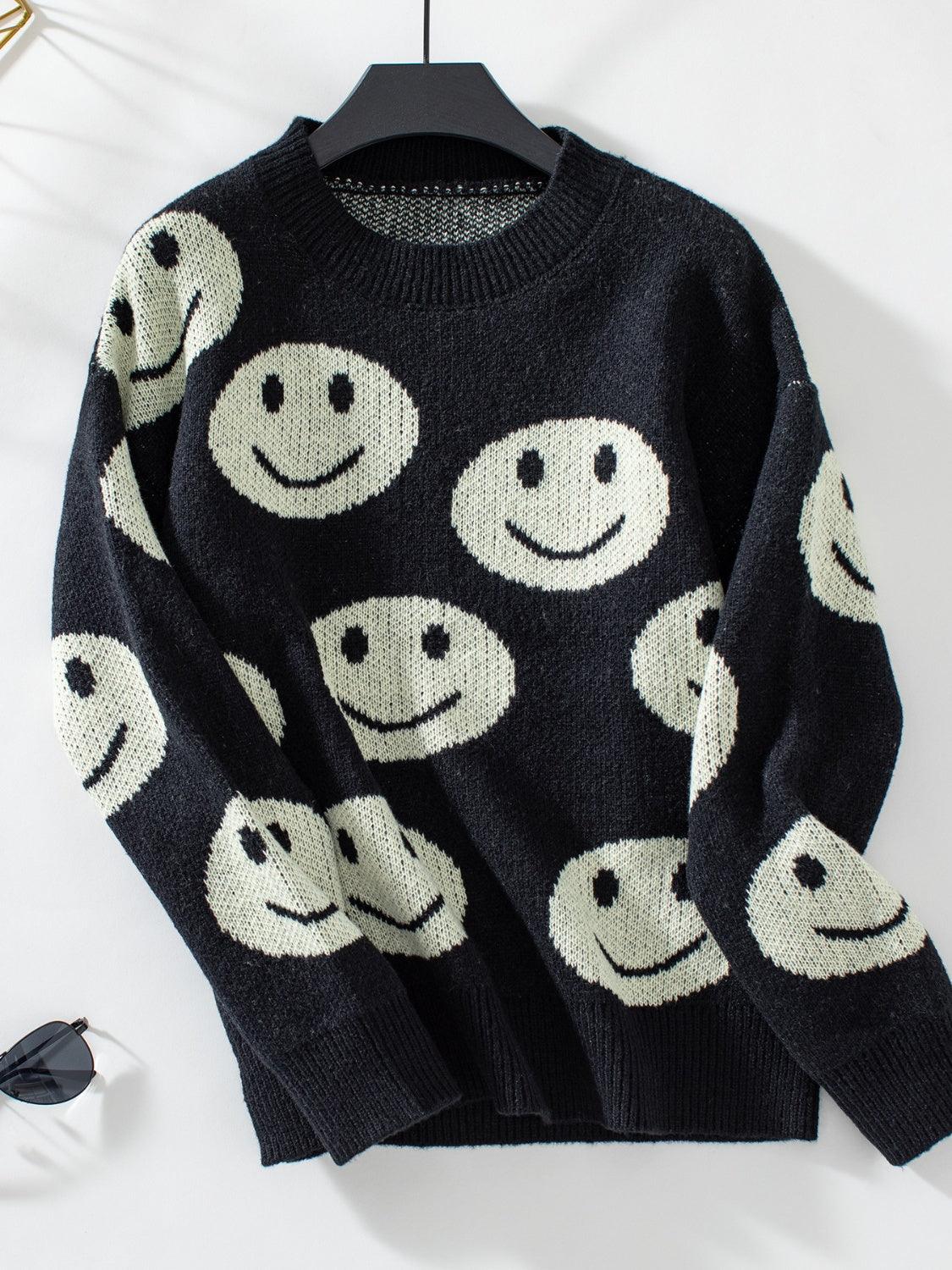 Sweater Smile Pattern Round Neck Long Sleeve Knitwear Black 9a80d67e-3dda-4b77-841d-f53d7fc1a576-Max Trendsi