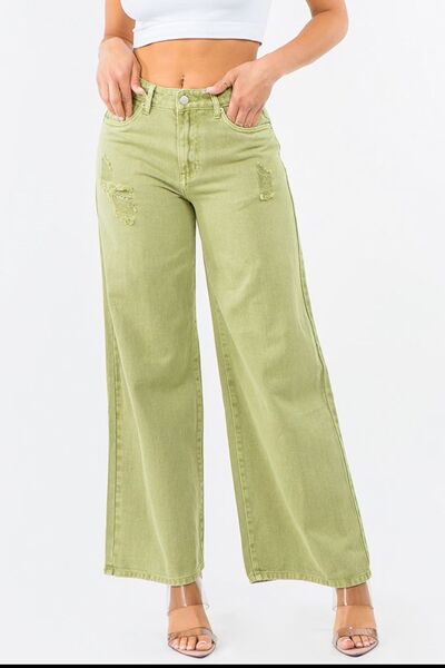 American Bazi Women's Jeans High Waist Distressed Wide Leg Yellow-Green Denim