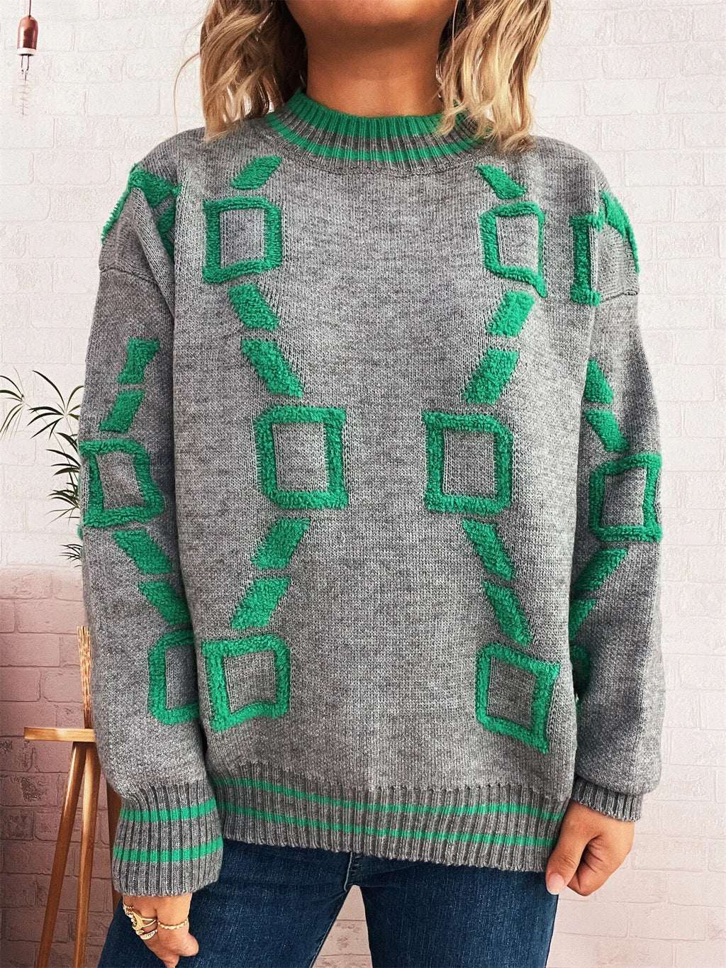 Women's Sweater Contrast Round Neck Long Sleeve Oversized Ribbed 9aa2031ea7c54b5bb7217a81f8eeccae-Max-Origin Trendsi