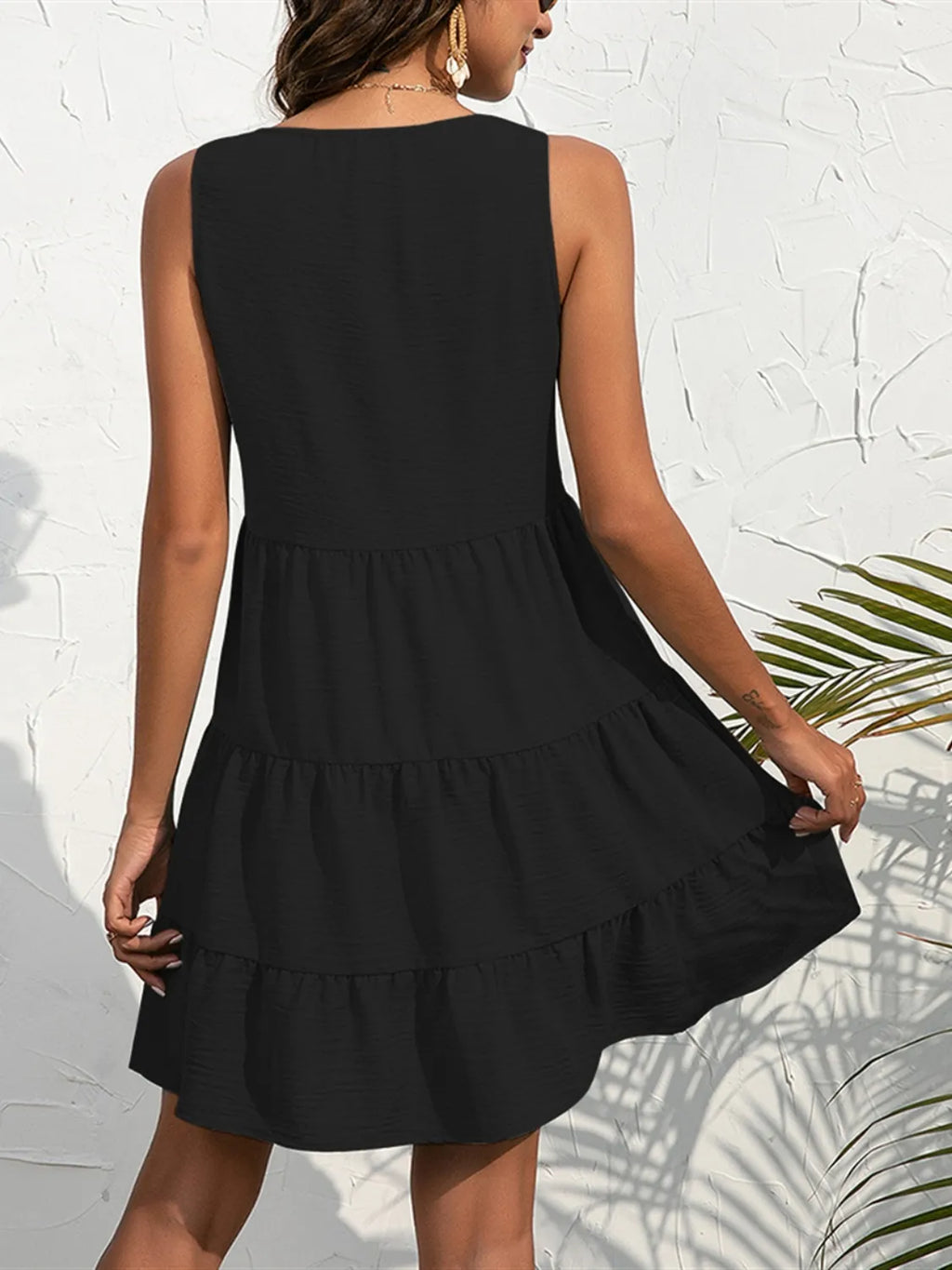 V-Neck Black Mini Dress Sleeveless Decorative Button Ruffled 9aa42431-4ac1-4ecc-b6a6-898de7fce163-Max-Origin Trendsi