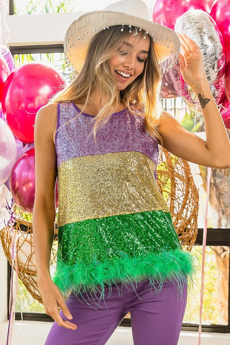 BiBi Sequin Top Mardi Gras Color Block Faux Feather Hem Sleeveless 9aa4e6e754e247fa8f0a485008af8310-Max-Origin Trendsi