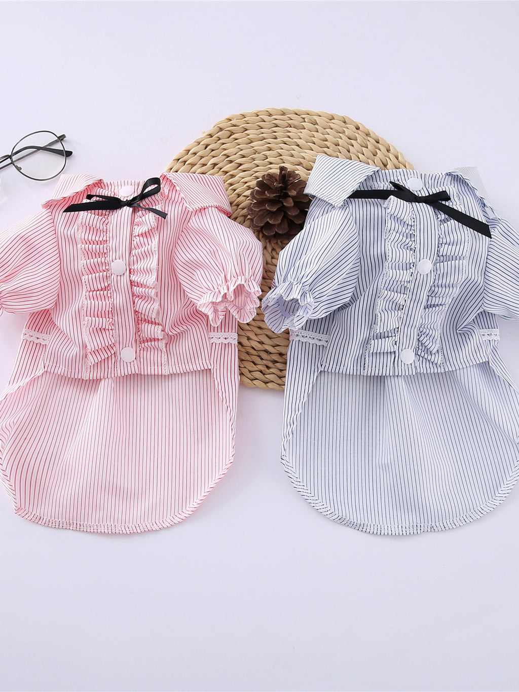 Striped Ruffle Pet Top with Decorative Bow – Stylish Buttoned Polyester Shirt