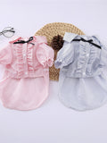 Striped Ruffle Pet Top with Decorative Bow – Stylish Buttoned Polyester Shirt