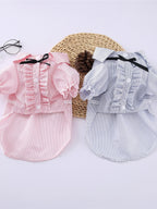Striped Ruffle Pet Top with Decorative Bow – Stylish Buttoned Polyester Shirt