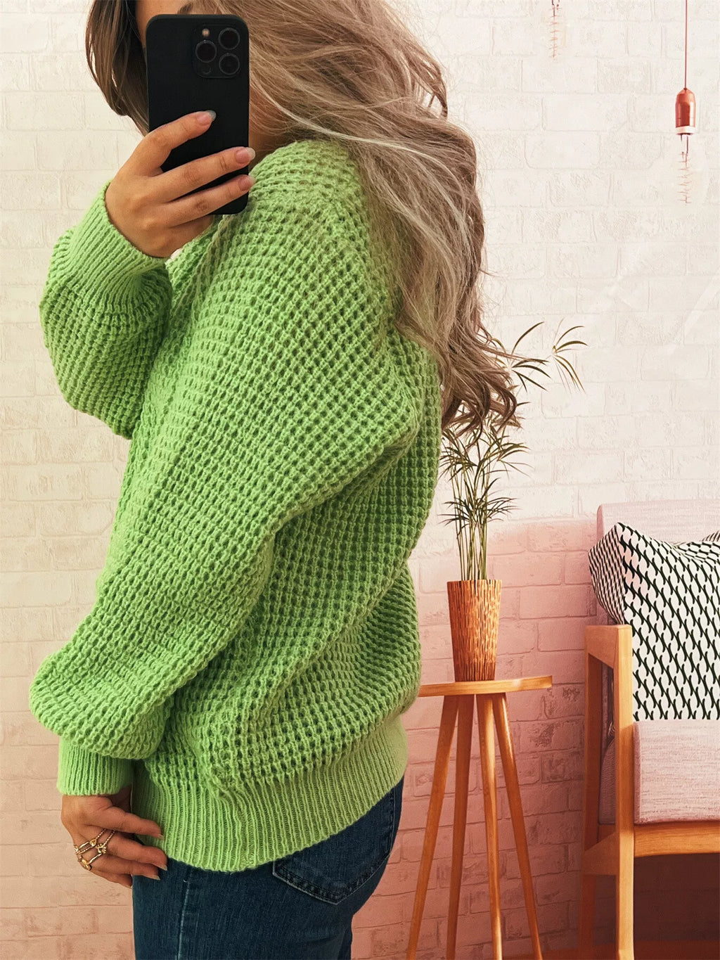 Women's Sweater V-Neck Textured Knit Loose Pullover 9ab05326007443a5a5a4fbad4d3a275a-Max-Origin Trendsi