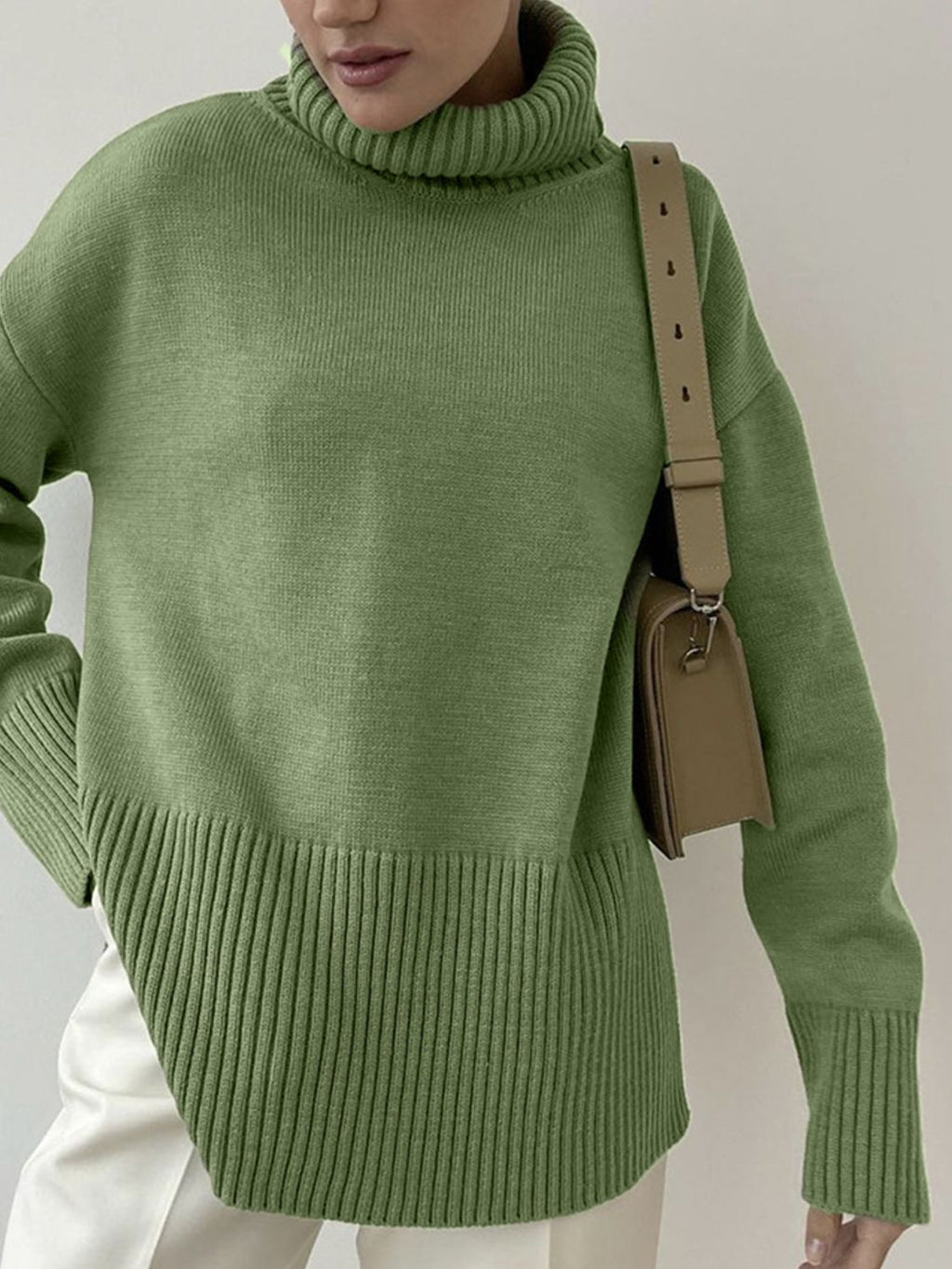 Women Sweater Side Slit Turtleneck Drop Shoulder Long Sleeve Soft Pullover 9ab524d6-e421-4d70-97e8-9f37fc4e8630-Max Trendsi