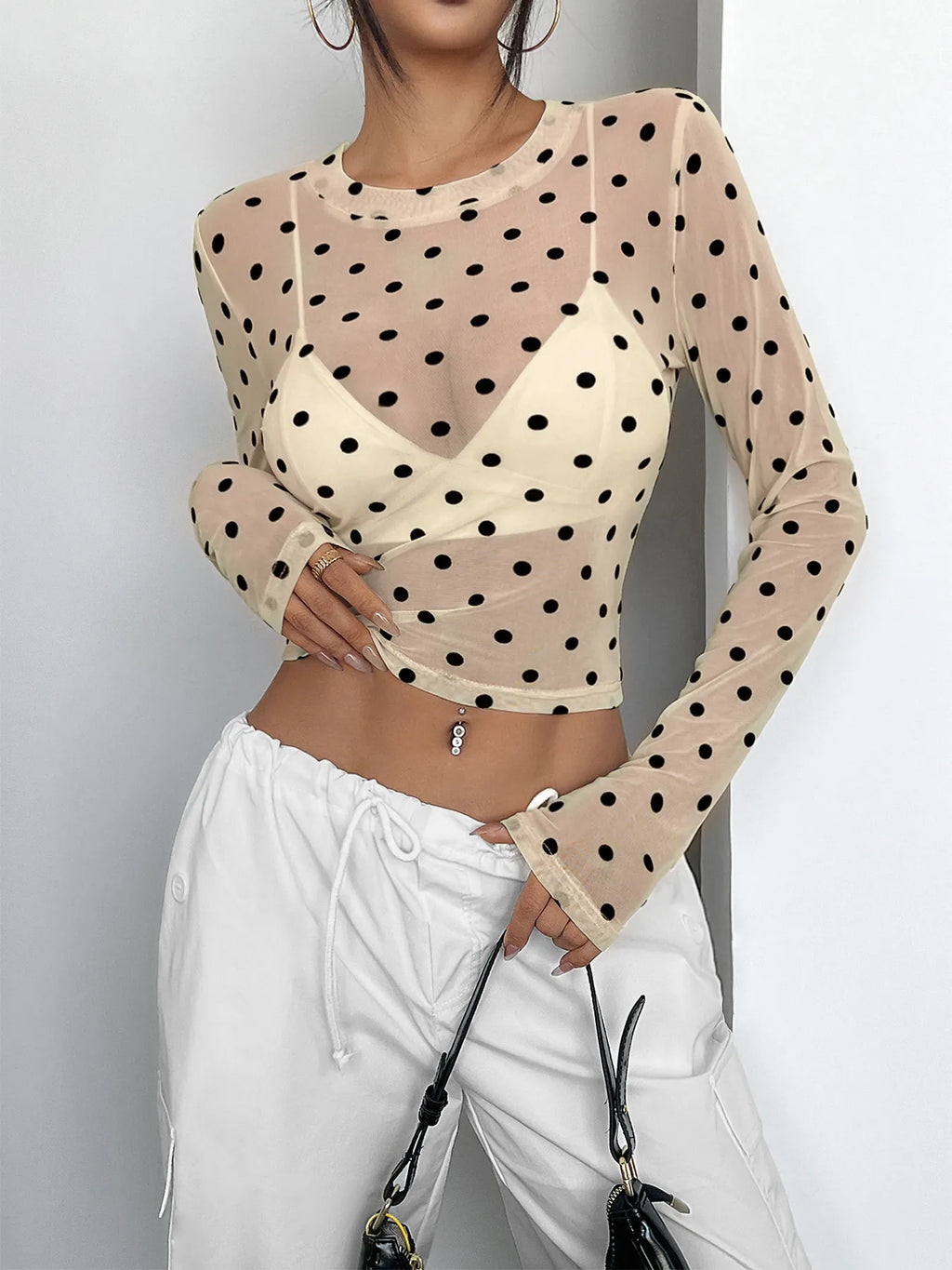Women's Mesh Crop Top Polka Dot Long Sleeve Sheer Blouse White 9ac0ee78bf9348c69f24d50eb1b4b1c9-Max-Origin Trendsi