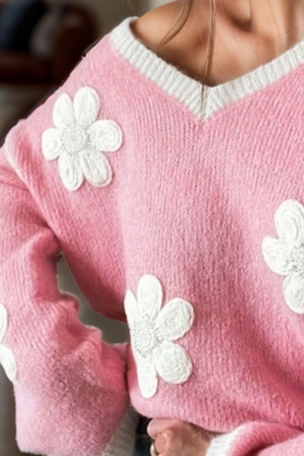Sweater Pink Flower V-Neck Dropped Shoulder Knit Long Sleeve Knitwear 9ac3dfd2-28cf-4f9e-ac4d-a587f4de0239-Max Trendsi