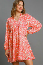 Umgee Mini Dress Coral Mix Two Tone Print Balloon Sleeve Tiered CORAL MIX 9ac84efa-1277-4c86-b4b1-3de7ed6618c5-Max Trendsi