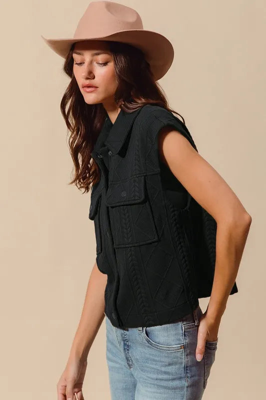 SO ME Button Up Knit Vest Black Cable Quilting Stitch Sleeveless Pocketed 9acf3509-7526-4c8d-8d78-5a2c585f3c36-Max-Origin Trendsi