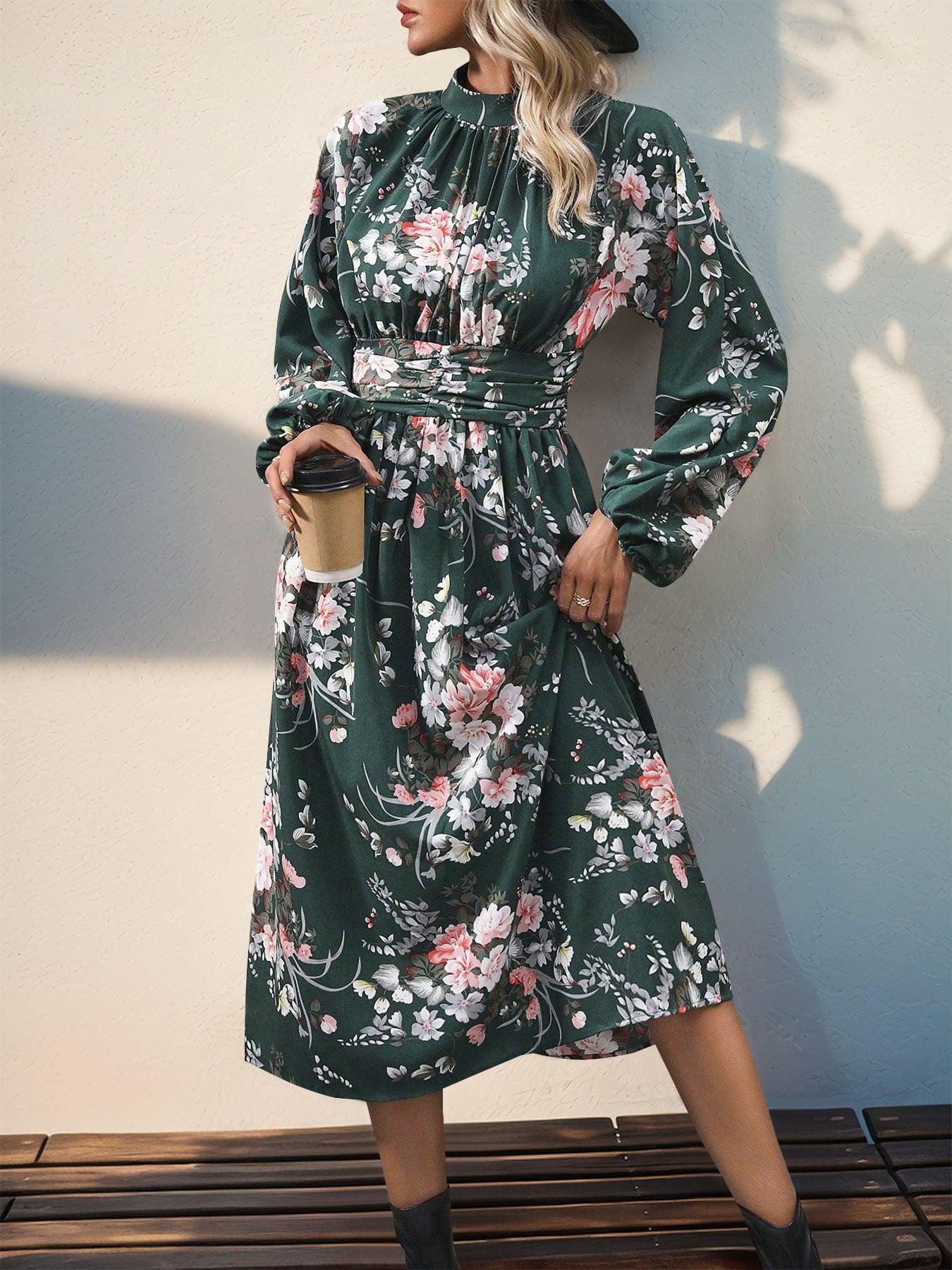 Midi Dress Floral Ruched Printed Mock Neck Long Sleeve 9ad4bd6b-8314-4d58-8202-478f76d315f5-Max Trendsi