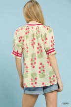 Umgee Womens Blouse Ecru Floral V-Neck Puff Short Sleeve Top 9ad9cb20-e9d7-448f-abbb-59a67f61c954-Max-Origin Trendsi
