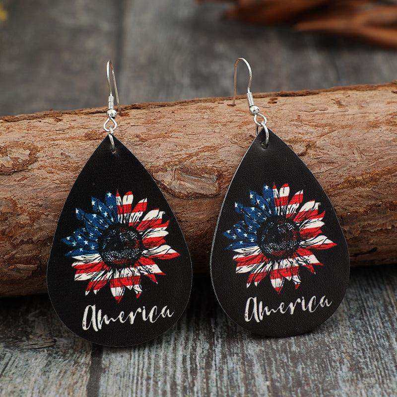 Earrings USA Flower Print PU Leather Sunflower Teardrop Shape 9ae1e673-5add-433b-94bc-77a62a02ba47-Max Trendsi