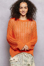 POL Openwork Round Neck High Low Knit Top