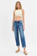 RISEN Women's Boyfriend Jeans Mid Rise Roll Up Cuff Dark Washed Denim 9aefe8da9a194d65ade54128921d56ef-Max-Origin Trendsi