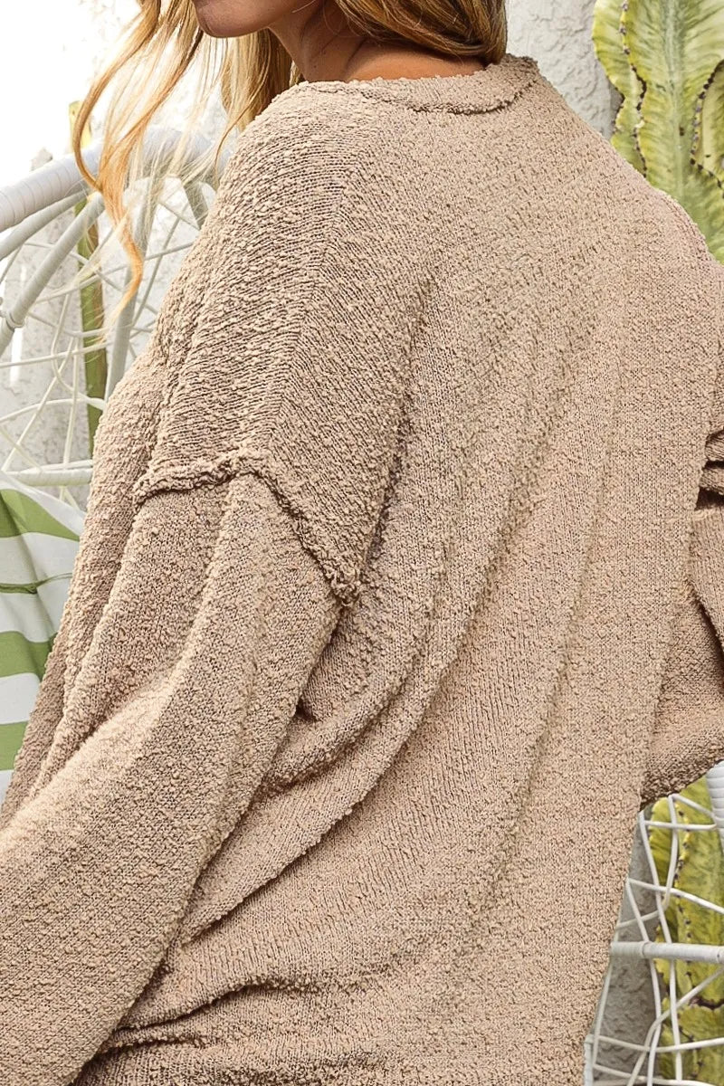 BiBi V-neck Sweater Latte Raw Edged Popcorn Texture Oversized Pullover 9b0251fc8cbd44c49d58f1c6f668f771-Max-Origin Trendsi