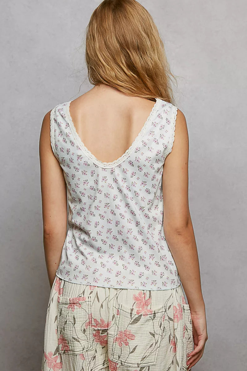 POL Floral V-Neck Tank Top Pure Water Ruched with Lace Detail Sleevless 9b10f8d4-3b02-44d8-b30d-aab62d934b74-Max-Origin Trendsi