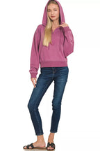 Zenana Fleece Pigment Dye Half Zip Kangaroo Pocket Hoodie 9b14e86bd33546debd5381e47fd77c2e-Max-Origin Trendsi