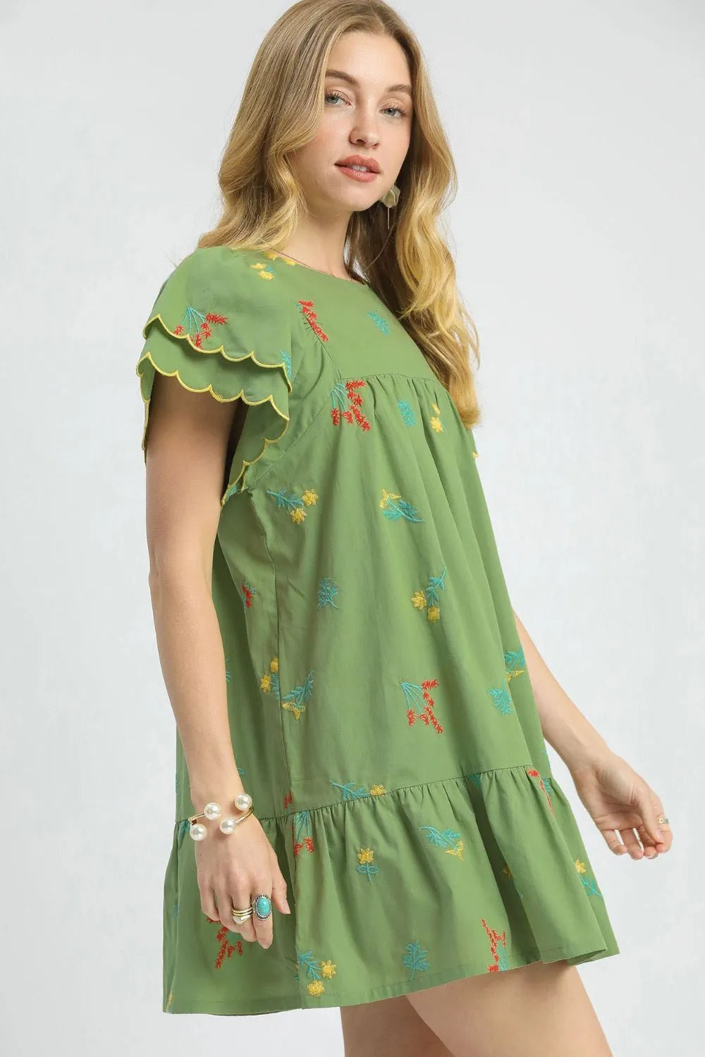 Umgee Mini Dress Green Floral Embroidered Short Sleeve Ruched 9b1d3049-785b-491e-a5bd-482d4de738cc-Max-Origin Trendsi