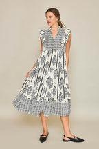 Umgee Midi Dress Cream Black Boarder Print Ruffle Short Sleeve Tiered CREAM BLACK 9b1d61b0-4d65-40d0-a60f-20f87f1f2207-Max Trendsi