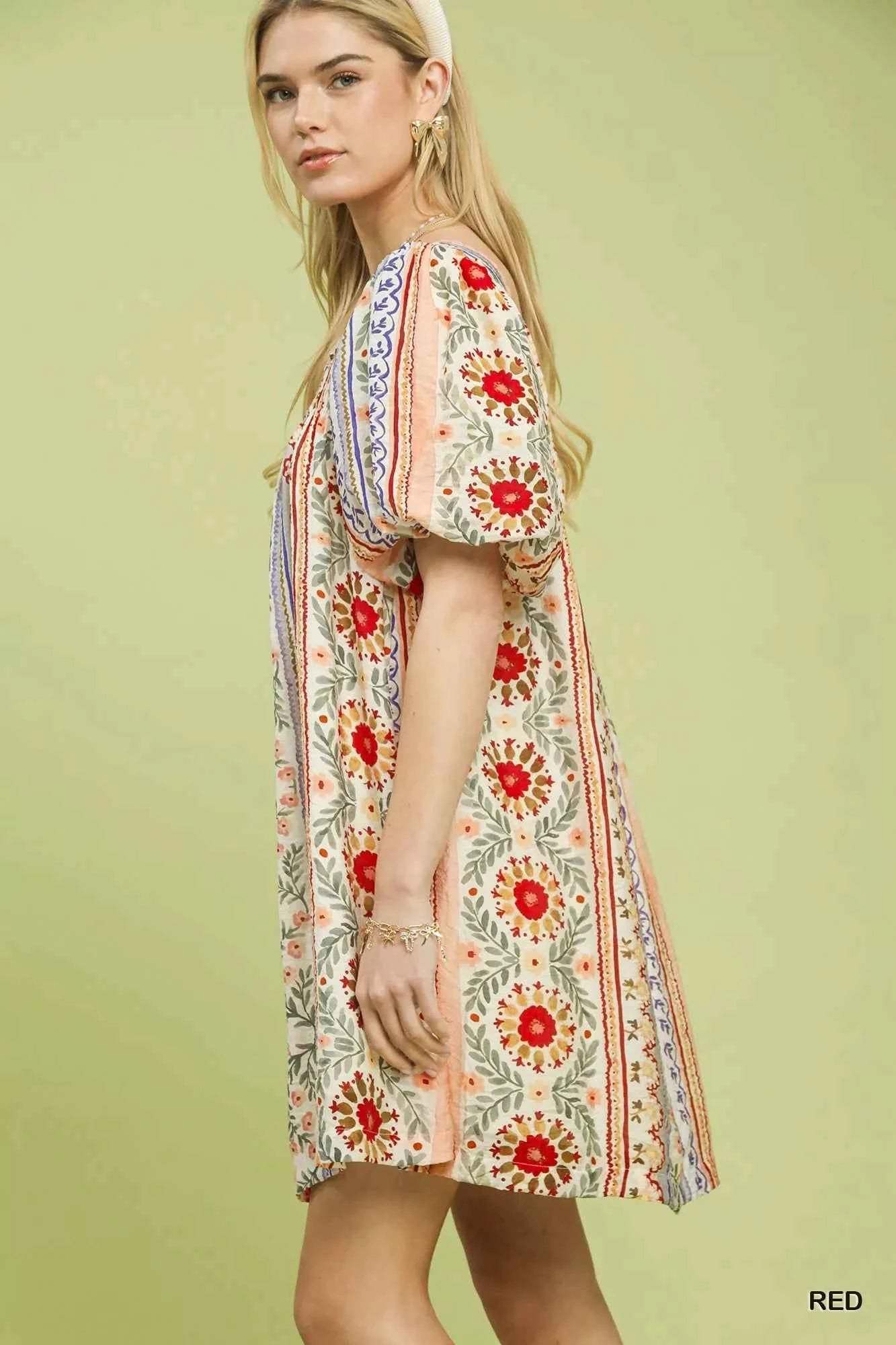 Umgee Mixed Print Puff Sleeve Mini Dress