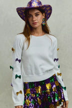 SO ME Sweater Knit Top Mardi Gras Glitter Bow Ribbon Ivory 9b33ff168e43490e864cda30f6785b7b-Max-Origin Trendsi