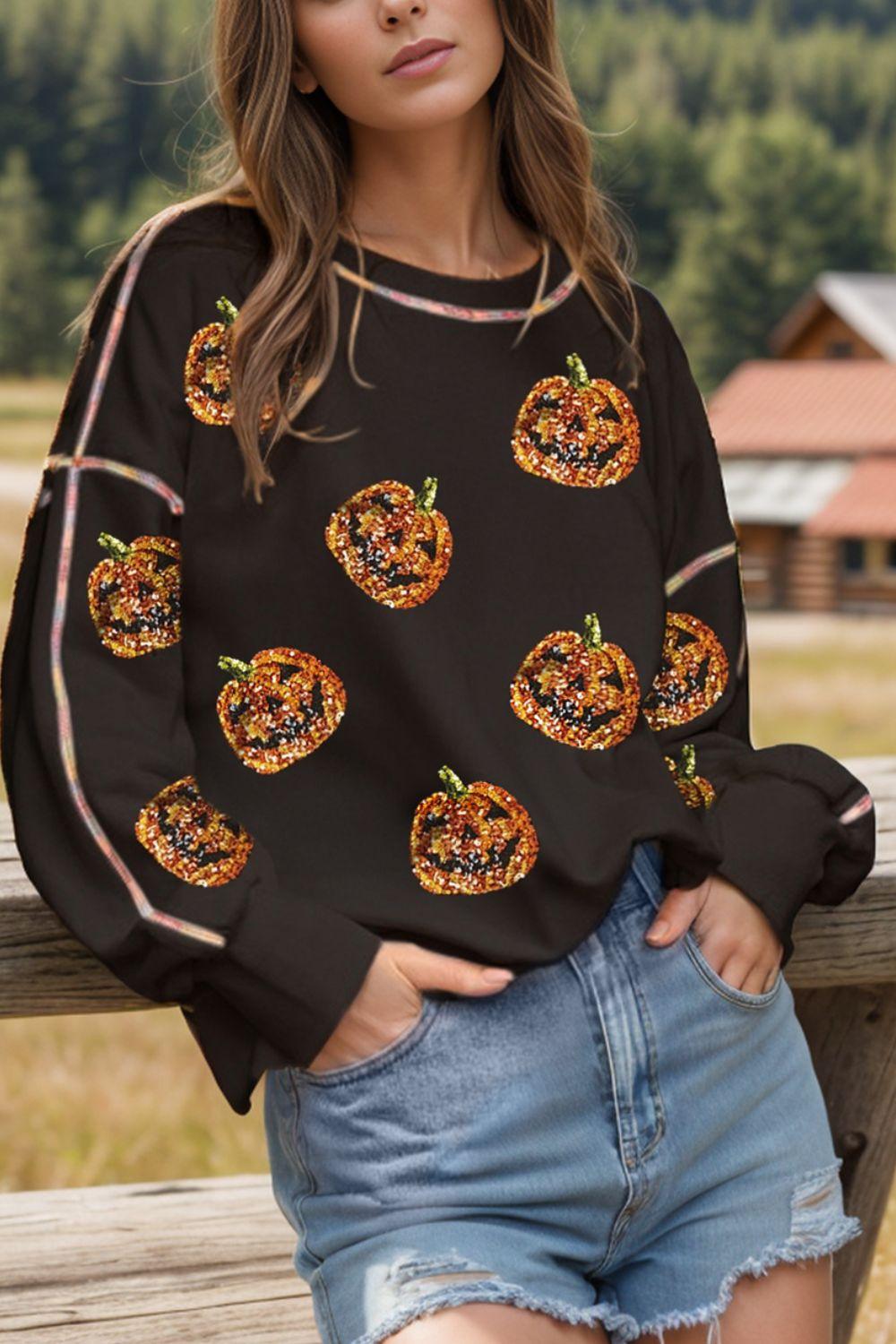 Sequin Pumpkin Sweatshirt Round Neck Long Sleeve Top Black 9b366da1-c665-4c9d-8a22-d3240a8b53d2-Max Trendsi