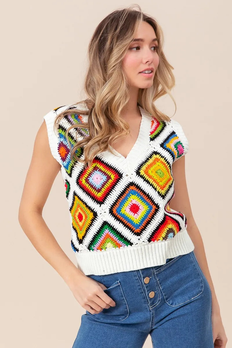 BiBi Sweater Vest Ivory Diamond Granny Multicolor Square Ribbed Knit Top 9b373072848c43ef992fd4ccf39a4ebd-Max-Origin Trendsi