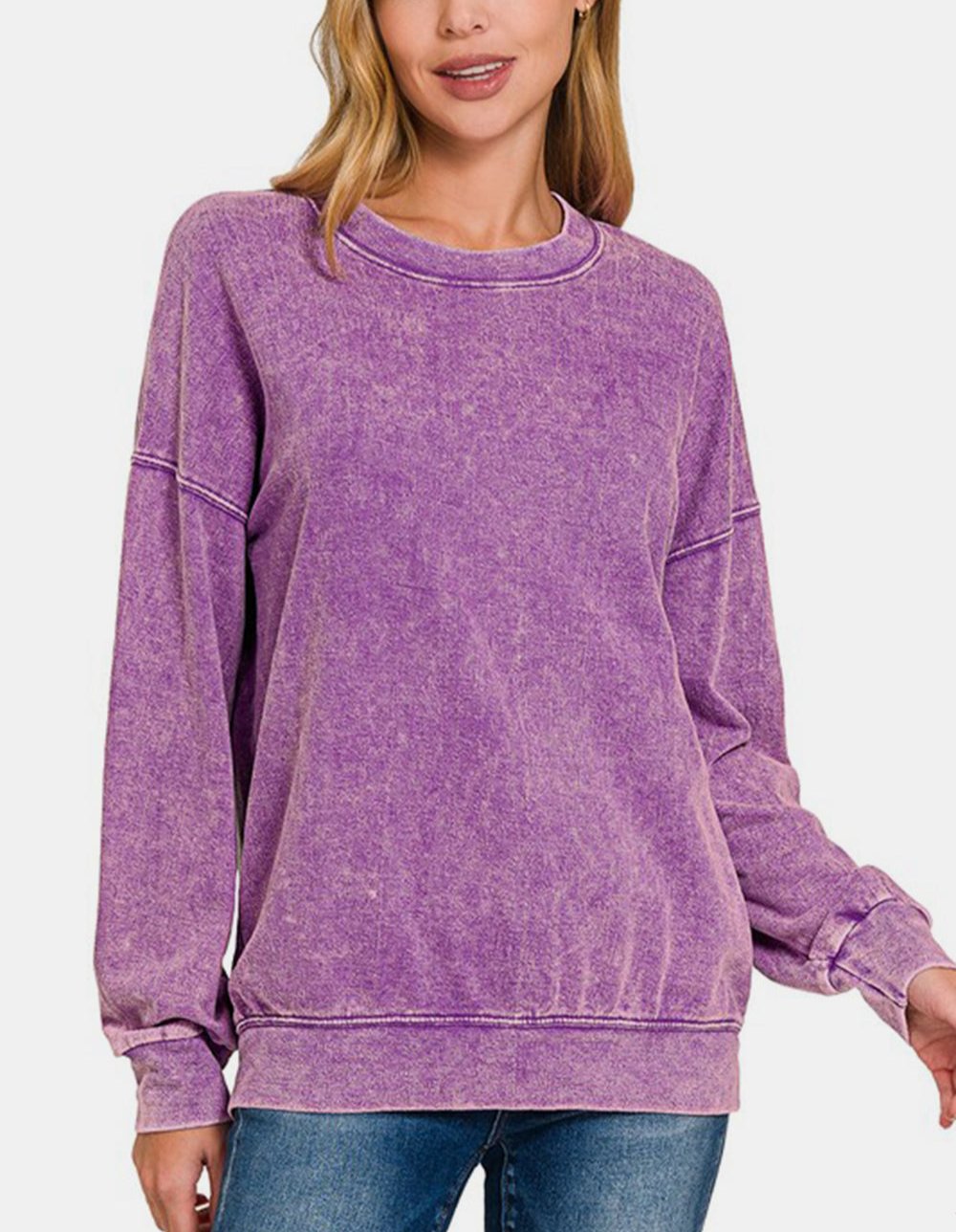 Zenana Violet Washed Sweatshirt Round Neck Long Sleeve Cotton Blend