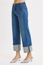 RISEN Women's Cuffed Jeans Ankle Wide Rhine Stone Dark Washed Denim 9b3f53795d17469a984af1637357fe97-Max-Origin Trendsi