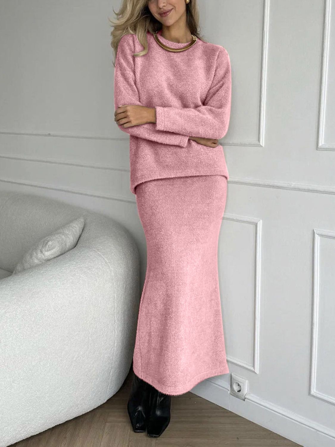 Women Sweater Set and Midi Skirt Knit 2 Pcs Soft Acrylic Long Sleeve Outfit Set