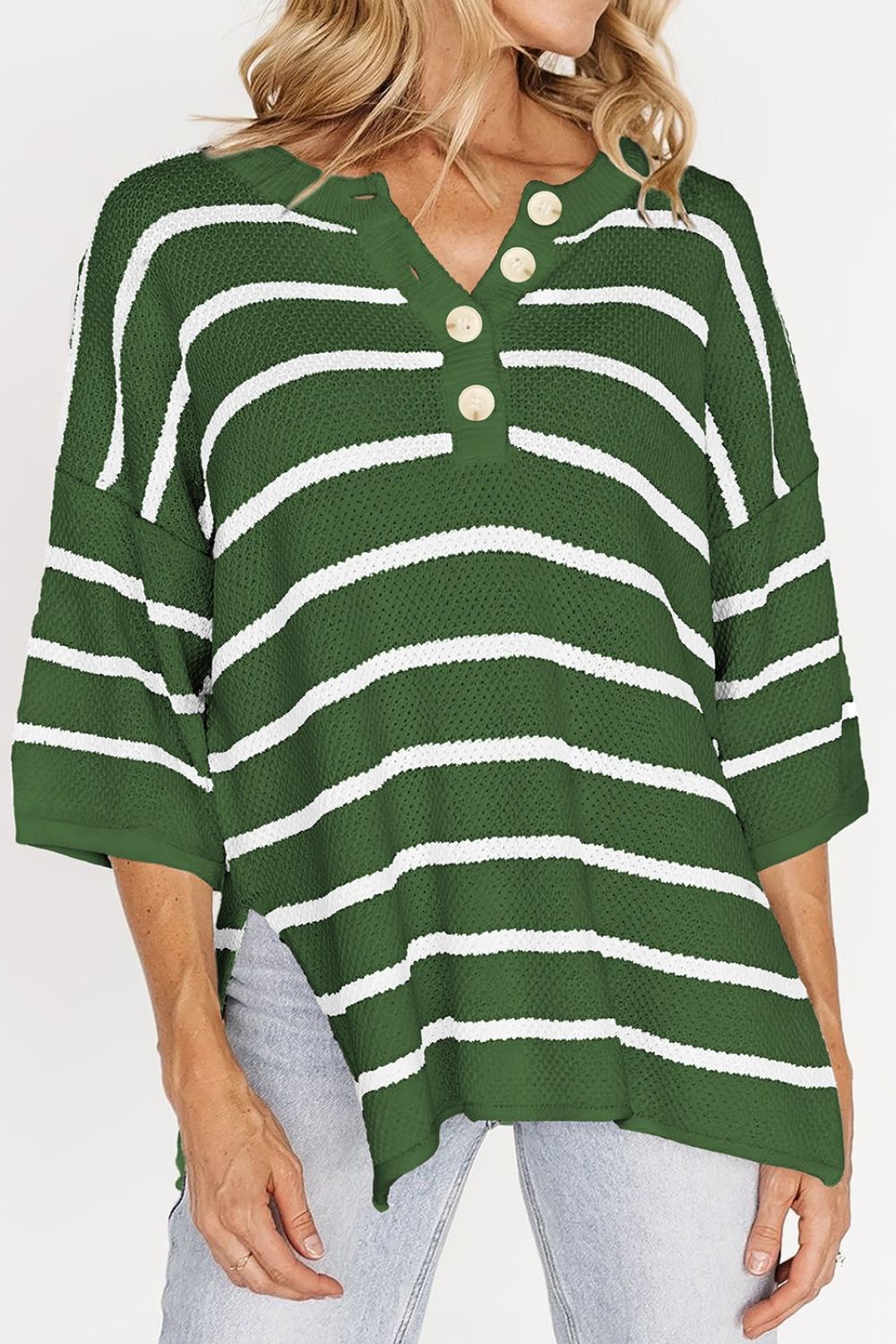 Stripe Knit Top Women's Collared Button Drop Shoulder Side Slit Long Sleeve Dark Green 9b441ec3-4887-4b7a-b008-a28753df3bba-Max Trendsi