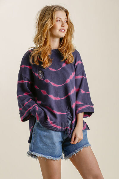 Umgee Knit Top Tie Dye Distressed Thin Sweater with Side Slits Long Sleeve NAVY FUCHSIA