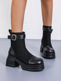 Women's Boots Black Pu Leather Canvas Block High Heels Round Toe Shoes Black 9b4a8c03794844a9bfda1f36802ca74e-Max-Origin Trendsi