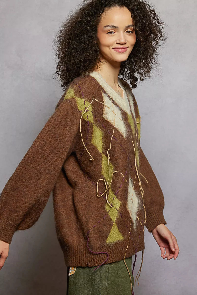 POL Sweater V-Neck Mocha Argyle Pattern Mohair with Contrast Exposed Stitch 9b5247a6-0708-4c14-8c45-0ce9d17864e2-Max-Origin Trendsi