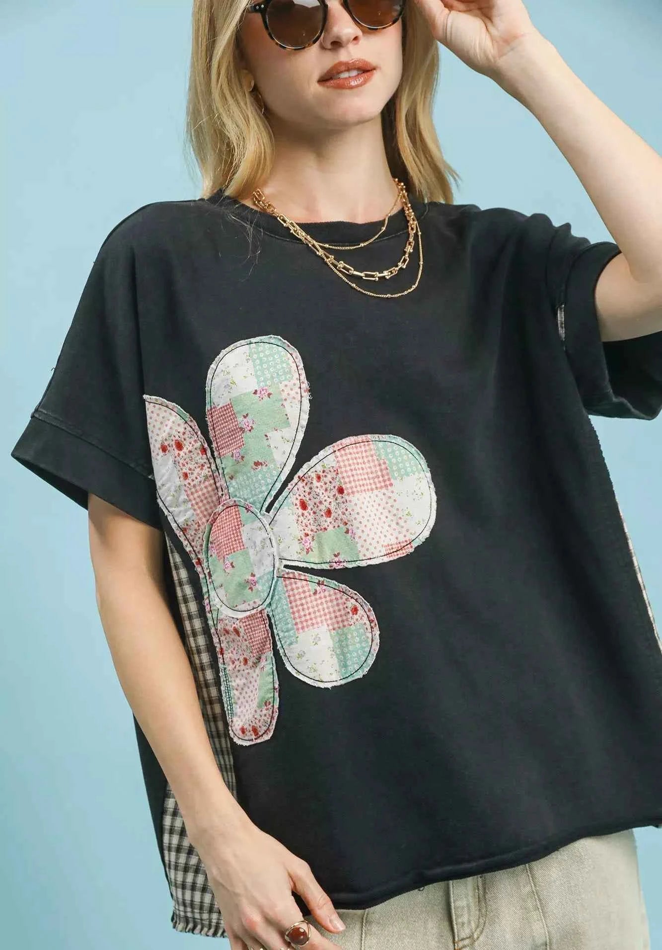 Umgee Blouse Ash Black Mineral Wash Flower Patch French Terry Top Short Sleeve ASH 9b5eb455-af4f-4767-96f7-a8b54b6eac8e-Max-Origin Trendsi