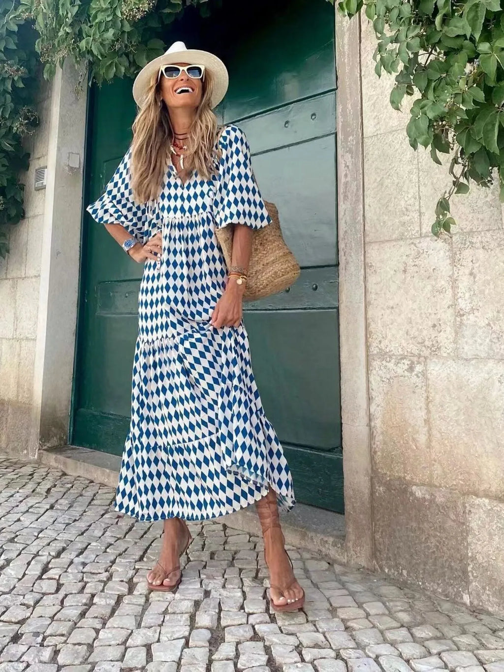 Maxi Dresses Colorful Printed V-Neck Balloon Short Sleeve Ruffled Oversized 9b797b864bd54d6b9fe85fd073c9406a-Max-Origin Trendsi