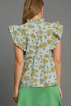 Umgee Blouse Floral Mint Blue Print Peplum Top Short Ruffle Sleeve 9b80ef6f-ba53-4e7d-bfb2-514fb08aadc1-Max Trendsi