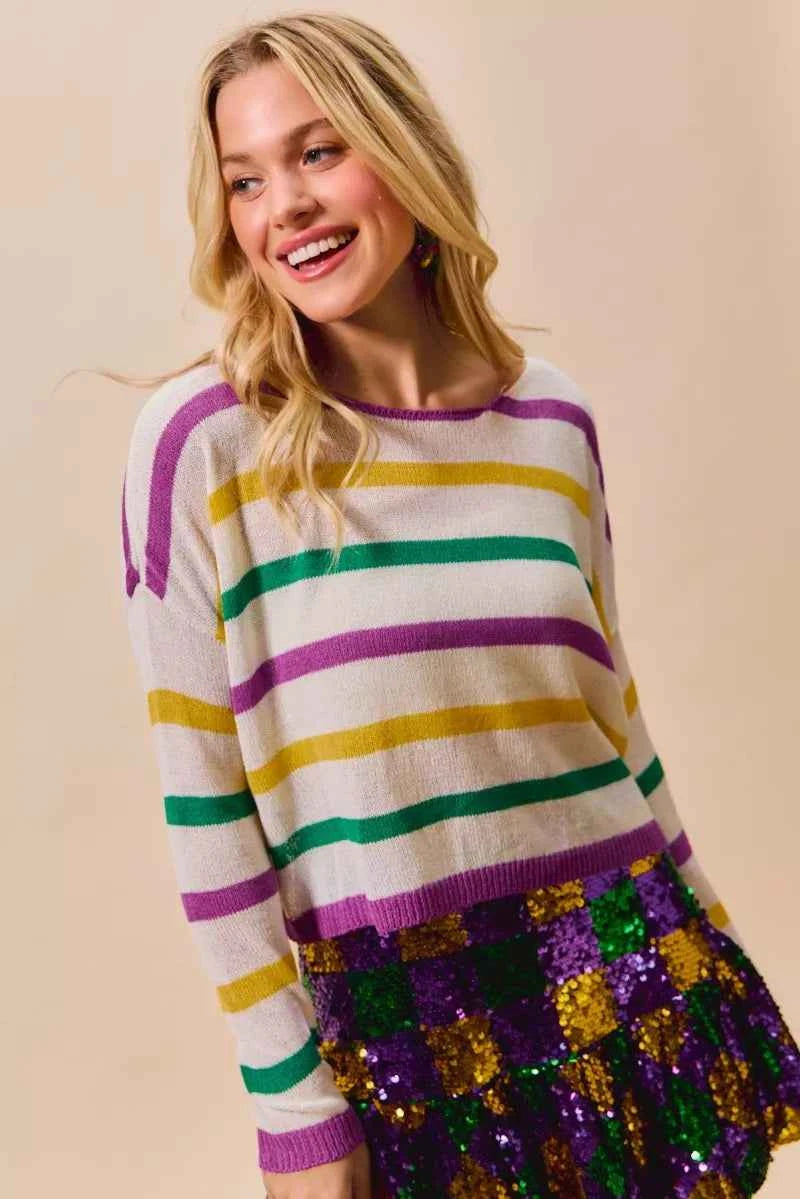 SO ME Mardi Gras Color Stripe Lightweight Sweater Top