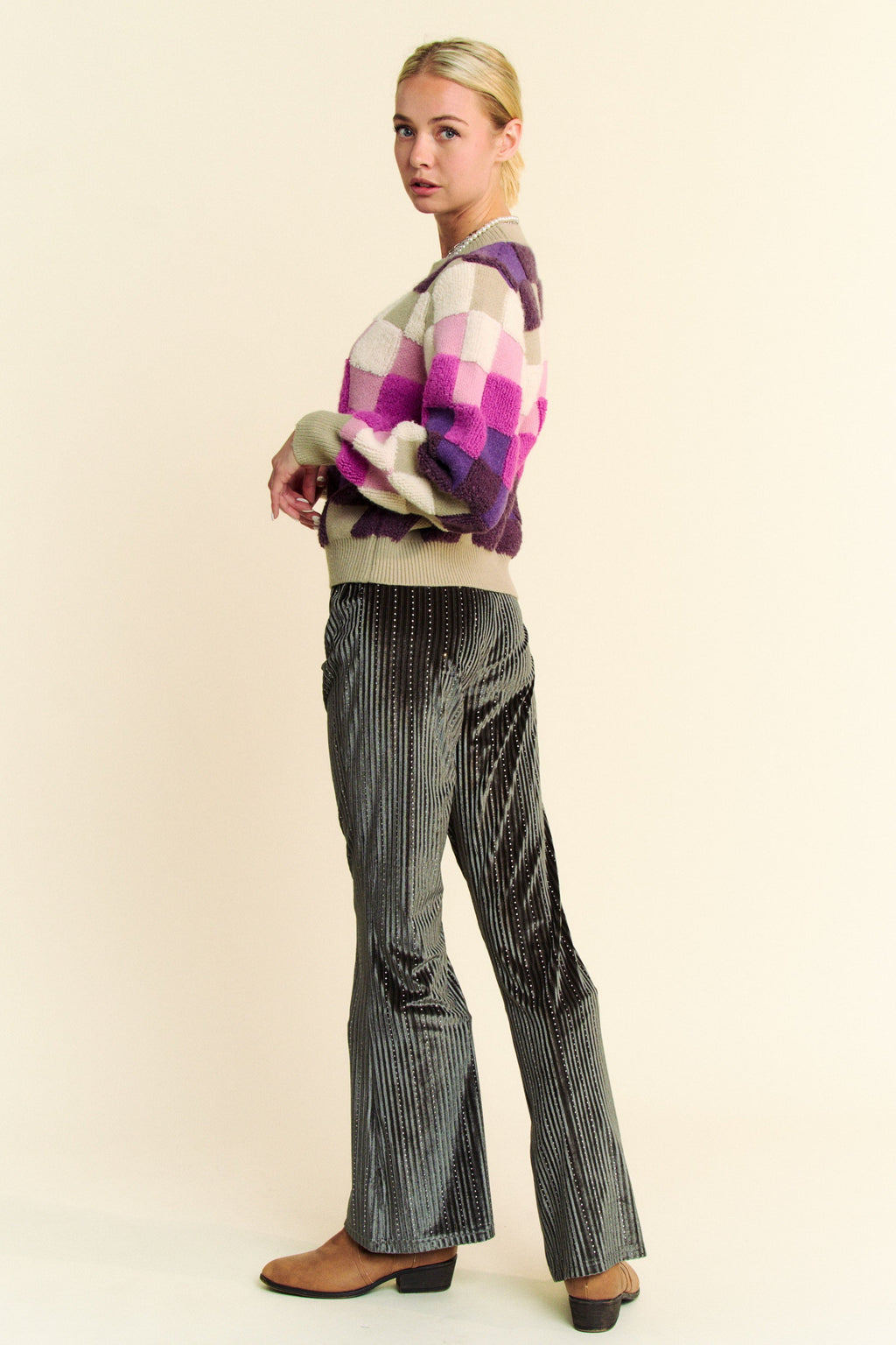 Davi & Dani USA Checkered Knit Sweater Purple Multi Round Neck Long Sleeve 9b90f87a-7c5b-422b-a732-8dccc22ea8e2-Max Trendsi