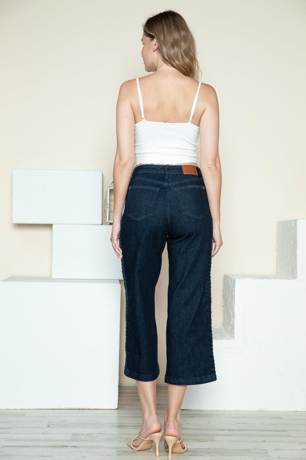 Judy Blue US Crop Wide Leg Jeans Side Seam Braid Detail Denim Capri 9b910851-099c-4259-b311-1348088049d0-Max Trendsi
