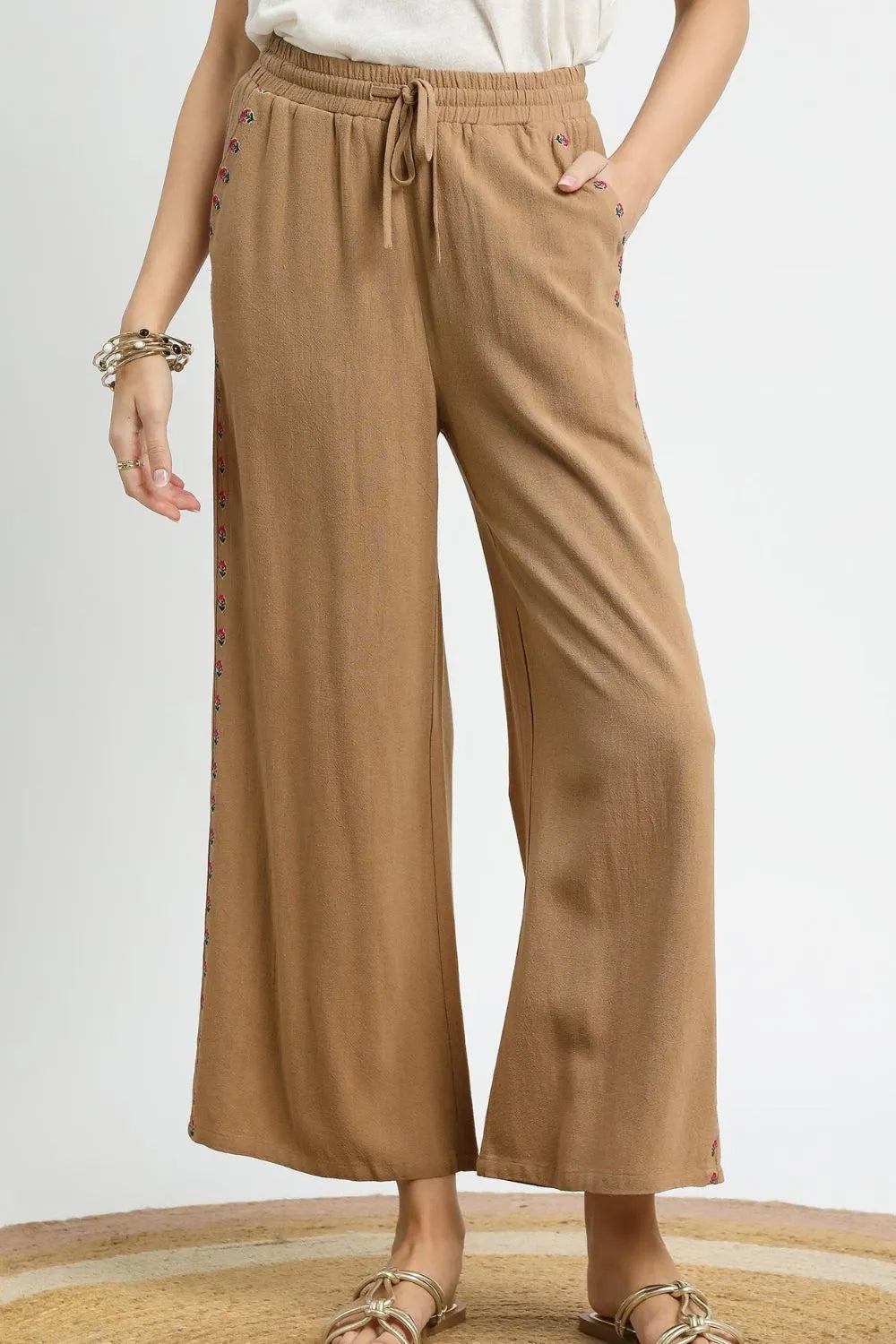 Umgee Wide Leg Pants Women's Linen Cotton Camel Drawstring Pocketed Camel 9b9732fa-ce9d-46d4-8ceb-04bee9a65a37-Max-Origin Trendsi
