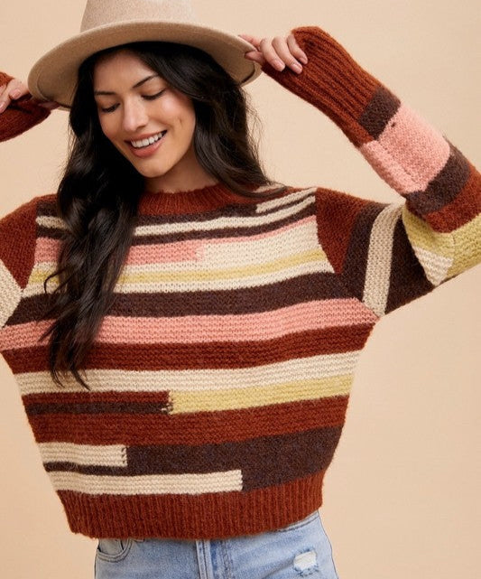 Annie Wear USA Sweater Chocolate Striped Color Block Long Sleeve Chocolate Multicolor 9ba0012b-0ed4-44d9-843a-1878665a6921-Max Trendsi