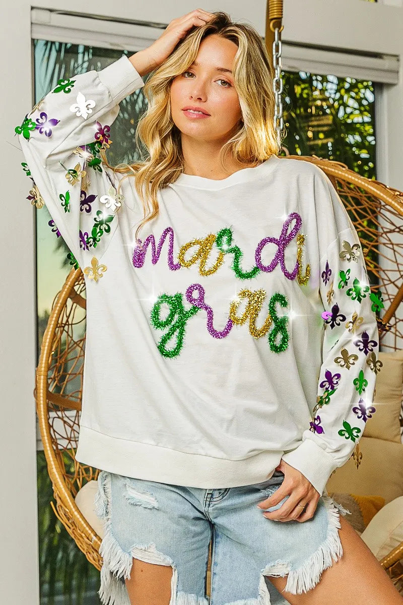 BiBi Womens Pullover Off White Fleur De Lis Sleeve Mardi Gras 9ba02a6a7417405cacff9683848e3ad5-Max-Origin Trendsi