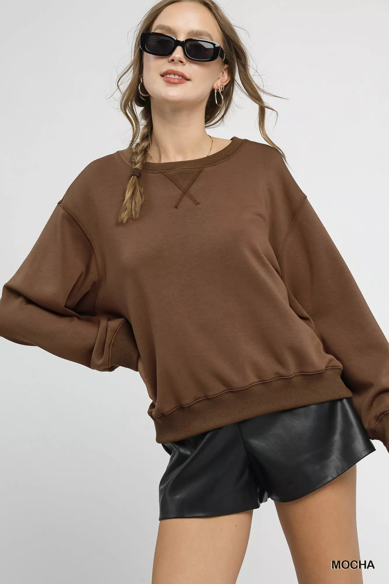 Umgee Women's Fleece Sweatshirt Mocha Brown Round Neck Long Sleeve 9ba18cae-ed14-4cfa-bd05-b2449e7fd6c0-Max-Origin Trendsi