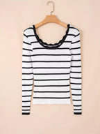 Women's Knit Top Black Striped Scalloped Trim U Neck Striped Ribbed Slim 9ba41f245c734f47bd4bcbcbca6fc360-Max-Origin Trendsi