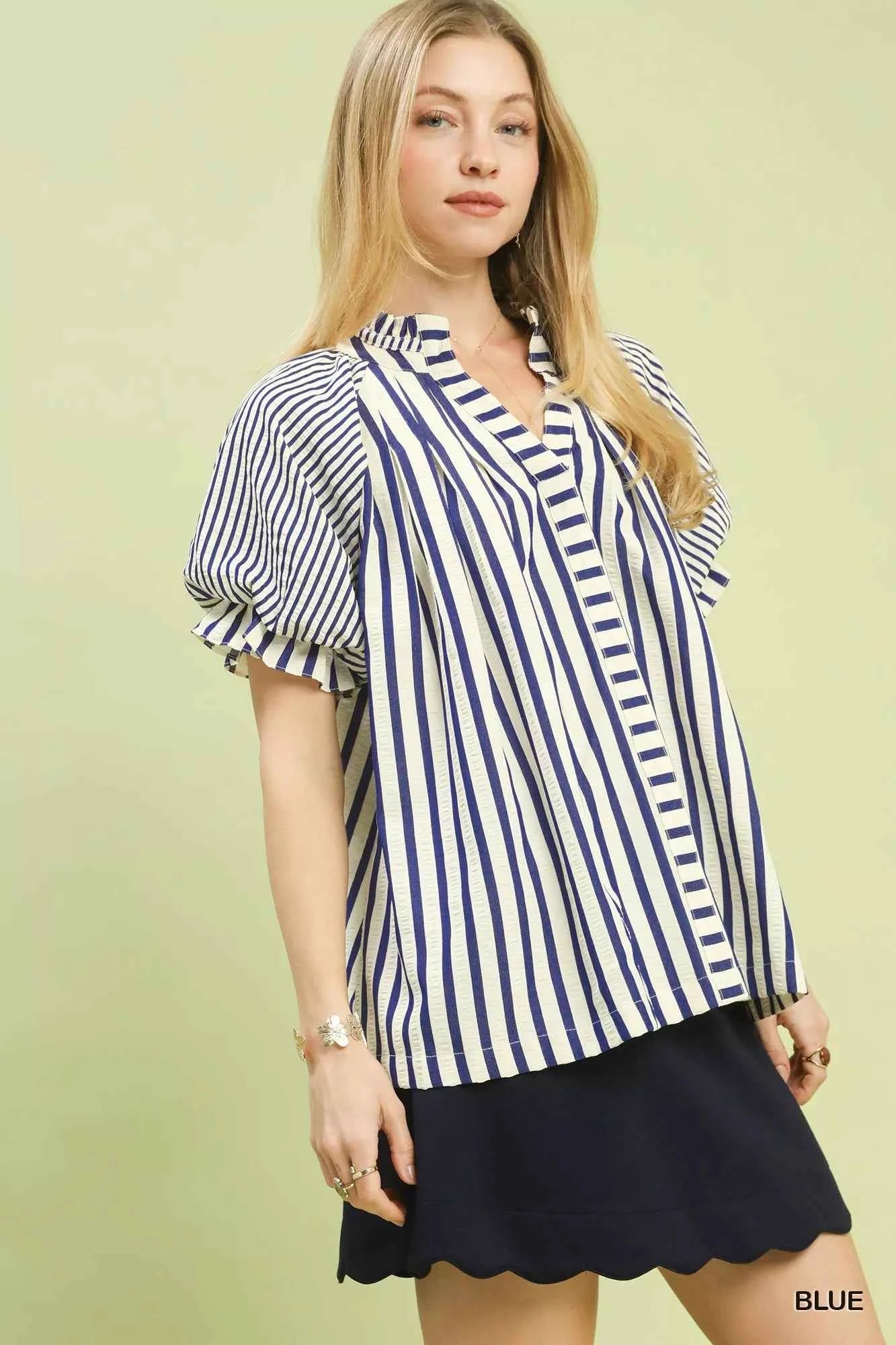 Umgee Women Blouse Blue Striped Notched Top with Short Flutter Sleeves 9ba8b3d9-8267-4582-8759-cba353cab3dd-Max-Origin Trendsi