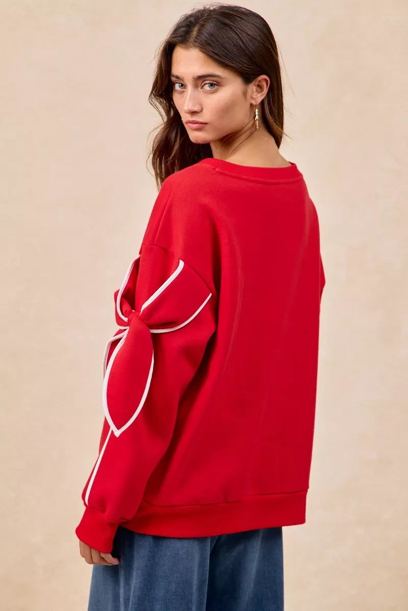 BiBi Fleece Sweatshirt Red Bow Detail Sleeves Womens Pullover 9bb05b2e-64a7-4223-99ab-8e59bc182e9e-Max-Origin Trendsi