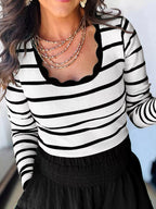 Women's Knit Top Black Striped Scalloped Trim U Neck Striped Ribbed Slim Black 9bb0d23648924ca5bfa89c38088c7576-Max-Origin Trendsi